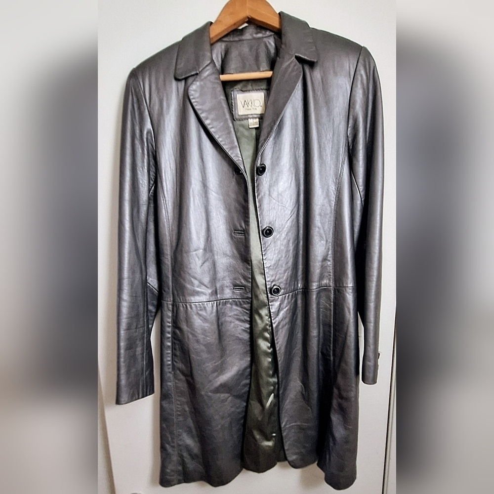 Neiman Marcus VAKKO New York 7/8" Length Pewter Metallic Genuine Leather Coat - Picture 2 of 9